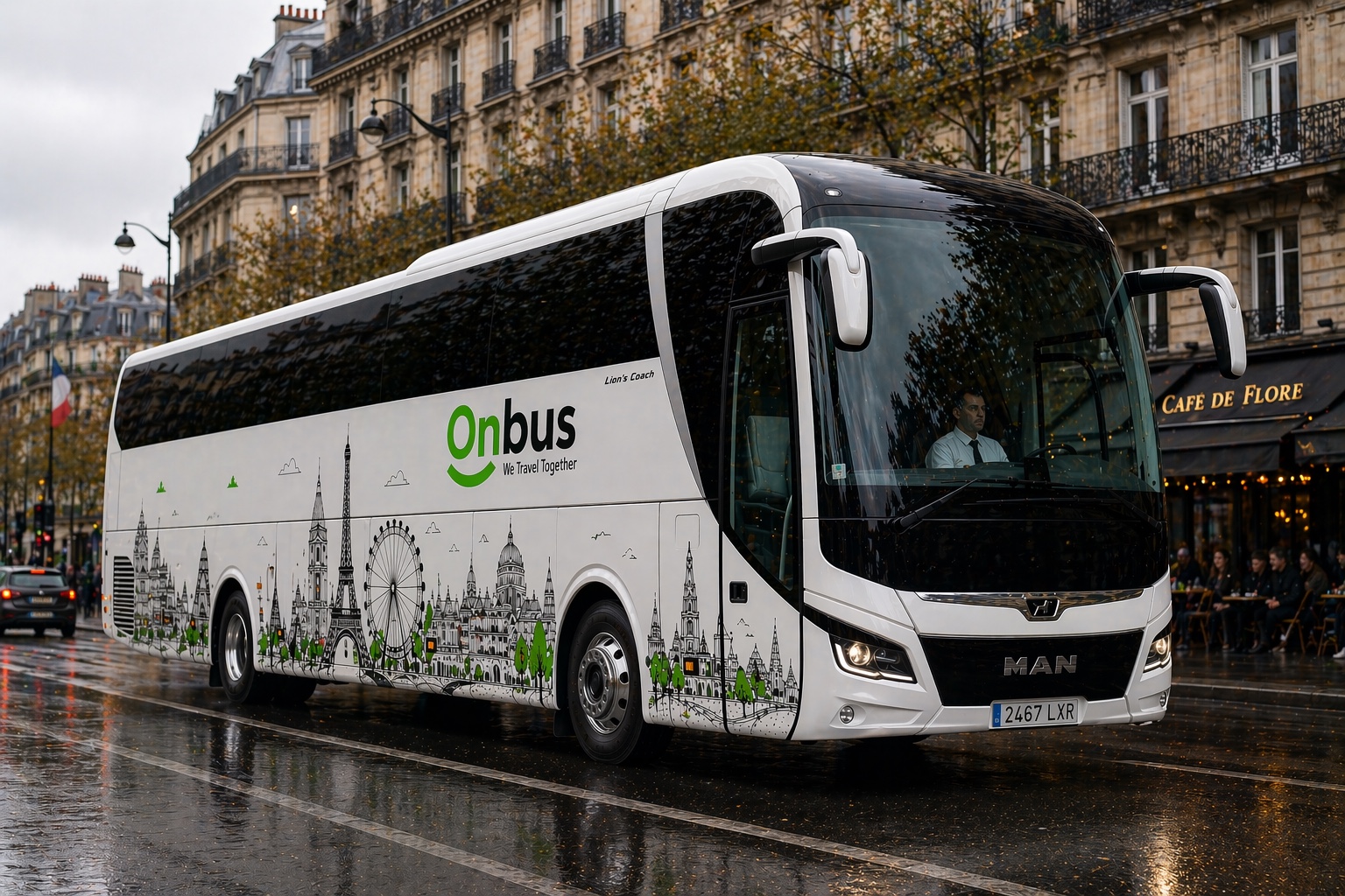 White ONBUS MAN touring coach in Paris