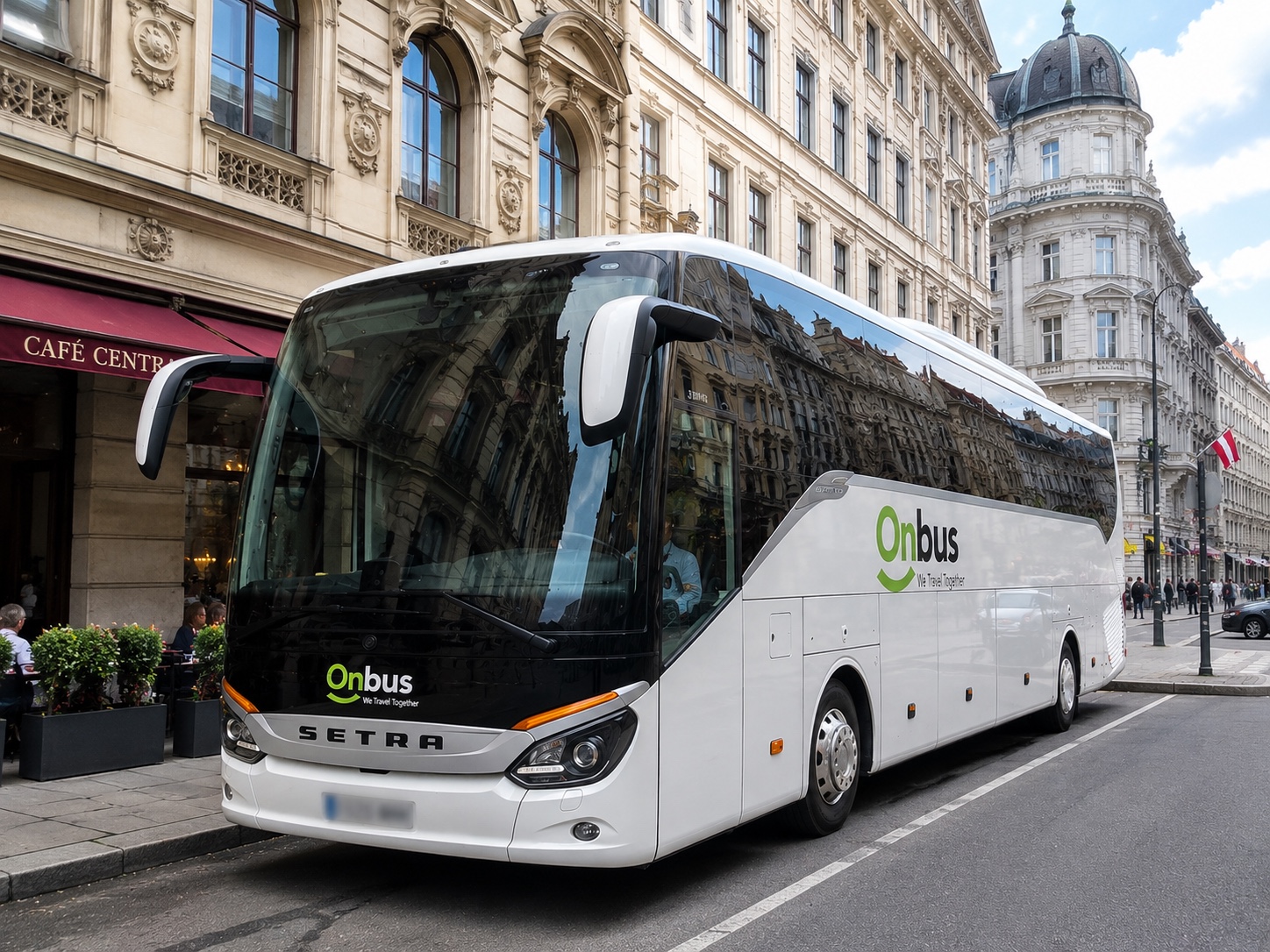 White ONBUS Setra touring coach in a European city